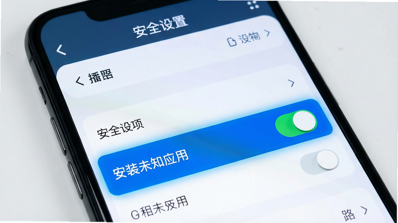 主体为手机设置界面的安全选项页面,布局为列表式结构,排版清晰,风格简洁科技感,细节高亮“安装未知应用”开关,文字“安全设置”位于标题栏,画质锐利,干净无干扰