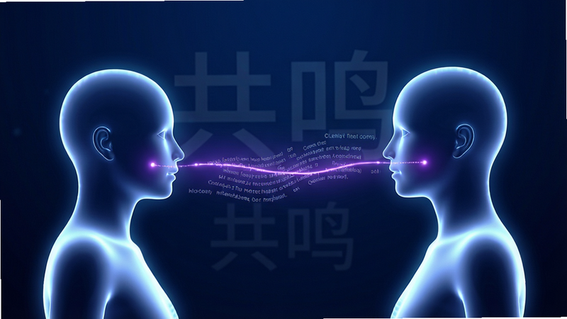 抽象概念图,展示两个发光的数字人轮廓在深蓝色空间中通过一条紫色的光线连接,光线中流动着细小的文字碎片,象征心灵沟通。布局对称,排版简洁,风格为赛博朋克与柔和光影结合,细节丰富,画质高清,干净,无多余元素,文字