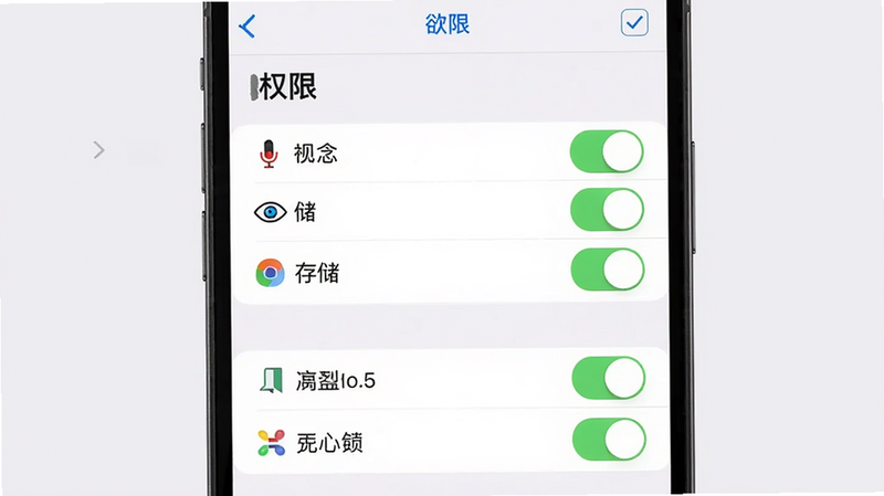 手机设置界面截图,展示「欲念」APP的权限管理页面,麦克风、存储、通知等权限开关状态清晰可见,背景为浅灰色。布局垂直排列,排版整齐,风格为iOS与Android混合的现代UI设计,细节处有勾选标记,画质高清,干净,无多余元素,文字