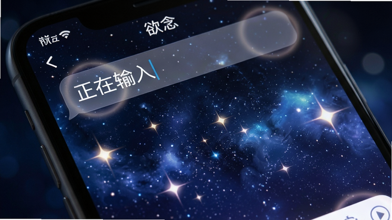 手机屏幕特写,展示「欲念」APP内的聊天界面,背景是动态的星空主题,星星随着滚动轻微闪烁。界面上方有半透明的输入框,文字