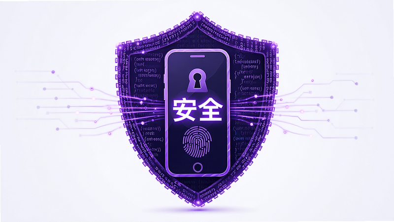 概念插图,一个由紫色代码流构成的盾牌保护着一个手机图标,盾牌内部有锁孔和指纹识别的抽象图案。布局中心突出盾牌,排版稳重,风格为科技感与安全主题,细节处有数据流动的线条,画质高清,干净,无多余元素,文字
