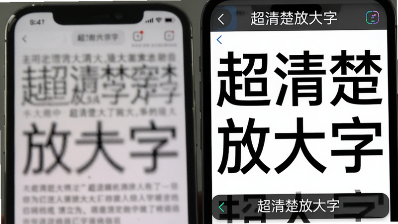 主体为对比图,左侧显示普通手机屏幕模糊小字,右侧显示使用“超清楚放大字”软件后清晰巨大的文字,布局左右对称,排版对比强烈,风格科技感,细节突出文字清晰度差异,画质高清,干净,无多余元素