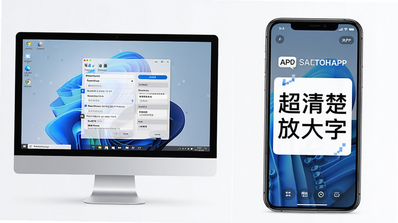 主体为电脑屏幕与手机屏幕并排展示,电脑屏幕显示Windows缩放设置,手机屏幕显示“超清楚放大字”APP,布局并列,排版对比,风格科技感,细节展现两者界面差异,画质高清,干净,无多余元素