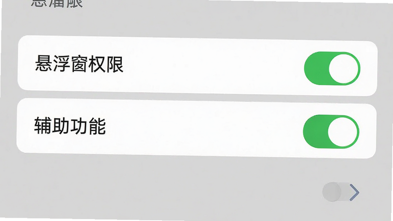 主体为手机设置界面截图,高亮显示“悬浮窗权限”和“辅助功能”开关选项,布局清晰,排版规范,风格扁平化,细节展现开关状态为绿色开启,画质高清,干净,无多余元素