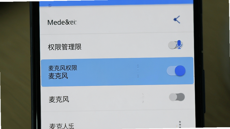 主体为手机设置界面截图,高亮显示“权限管理”中的“麦克风”选项,背景为模糊的安卓系统设置菜单,布局垂直排列,排版清晰,风格扁平化,细节展现开关状态,画质高清,干净,文字“麦克风权限”清晰