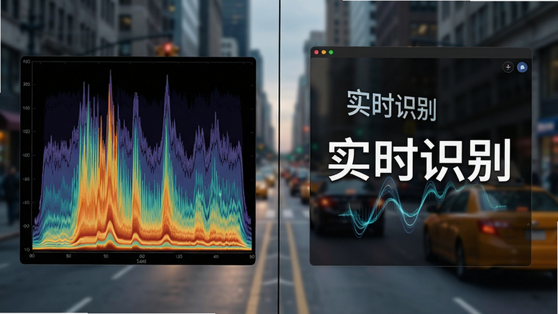 主体为分屏对比图,左侧显示声波频谱,右侧显示流畅的文字输出界面,背景为模糊的嘈杂城市街景,布局左右对称,排版简洁,风格写实,细节展现声音波动与文字生成的动态感,画质超清,干净,文字“实时识别”突出