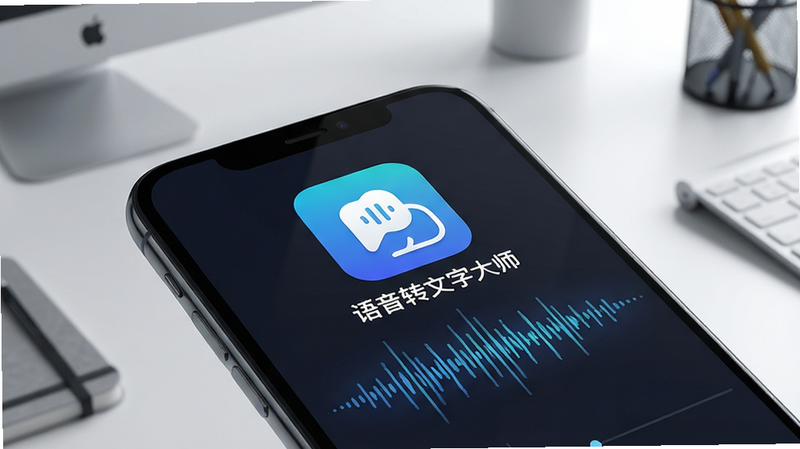 主体为手机屏幕特写,界面显示“语音转文字大师”应用图标及实时语音波形动画,背景为极简办公桌面,布局清晰,排版现代,风格科技感强,细节丰富,画质8k高清,干净无多余元素,文字“语音转文字大师”清晰可见