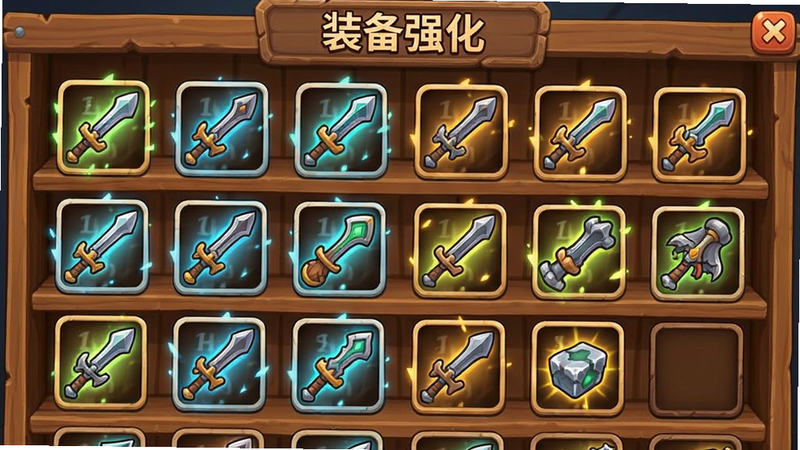 展示游戏内装备商店的界面截图,多个武器图标排列整齐,背景为木质货架,布局网格状,风格为卡通UI设计,细节显示装备发光特效,画质清晰,干净,无多余元素,文字'装备强化'位于顶部