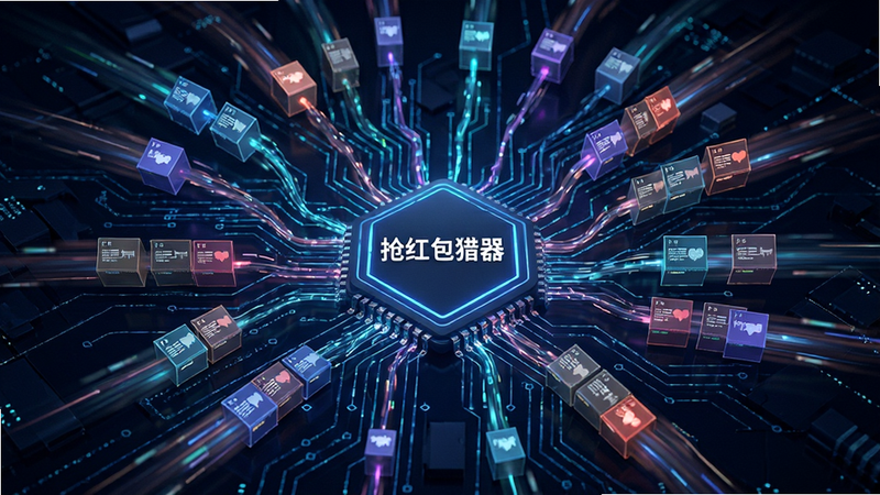 一张概念化的网络数据流示意图,主体为抽象的数字线条汇聚到一个中心节点,中心节点标注“抢红包猎器”,布局呈放射状,排版紧凑有序,风格为赛博朋克科技感,细节处显示数据包的快速流动轨迹,画质清晰,干净无噪点,无多余文字