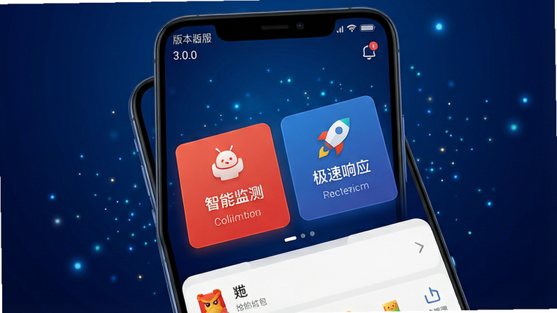 一张现代科技风格的安卓手机界面展示图,主体为“抢红包猎器”应用的主界面,布局清晰,顶部显示版本号3.0.0,中间区域高亮显示“智能监测”与“极速响应”两个核心功能模块,背景为深蓝色渐变,带有细微的光效粒子,文字清晰可读,风格简洁专业,细节精致,4K高清,无多余元素