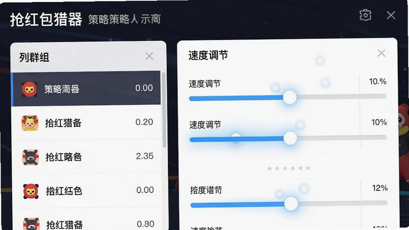 一张设置界面的示意图,主体为“抢红包猎器”的策略配置页面,布局分为左右两列,左侧为群组列表,右侧为速度调节滑块,排版整齐,风格现代UI设计,细节显示滑块处于高亮状态,文字标签清晰,画质锐利,无模糊元素