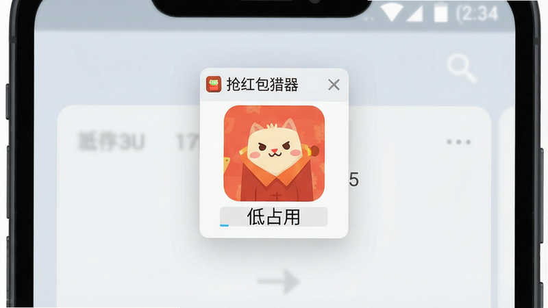 一张安卓手机后台运行状态的概念图,主体为手机屏幕边缘显示的“抢红包猎器”悬浮窗小图标,布局极简,排版居中,风格扁平化设计,细节显示CPU与内存占用极低,文字标注“低占用”,画质高清,简洁明快,无多余装饰