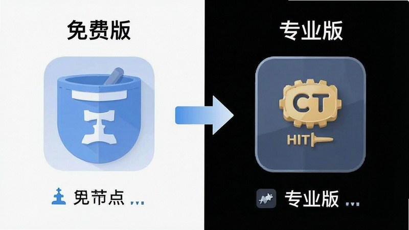 一张对比图表的示意图,左侧为“免费版”图标,右侧为“专业版”图标,中间用箭头连接,布局对称,排版简洁,风格扁平化,细节显示功能点位的差异,文字标注清晰,画质清晰,无多余装饰
