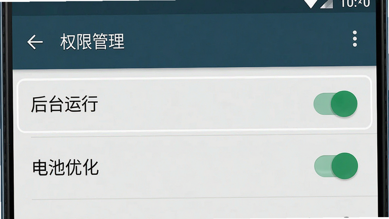 一张安卓手机设置界面的教程示意图,主体为“权限管理”页面,高亮显示“后台运行”和“电池优化”选项,布局清晰,排版直观,风格为写实UI截图风格,细节显示开关处于开启状态,文字标注清晰,画质高清,无杂乱背景