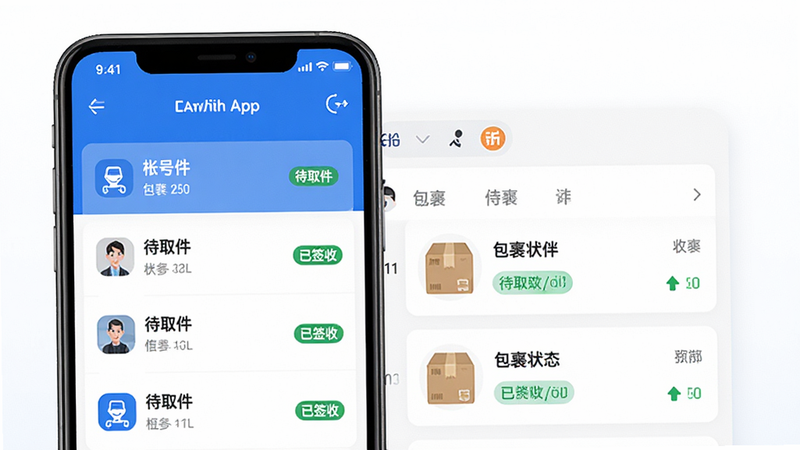 主体为取件伙伴APP的多账号管理界面,屏幕左侧显示账号列表,右侧显示对应账号的包裹状态,布局整齐,色彩以蓝白为主,风格专业商务,细节处有状态标签(如“待取件”、“已签收”),画质锐利,干净,无多余元素