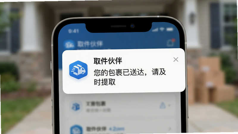 主体为取件伙伴APP的消息推送界面,手机屏幕顶部显示一条来自“取件伙伴”的通知卡片,卡片背景为白色,带有蓝色快递图标和“您的包裹已送达,请及时提取”的文字,背景虚化,突出通知内容,风格清晰直观,细节精致,画质高清,干净,无多余元素