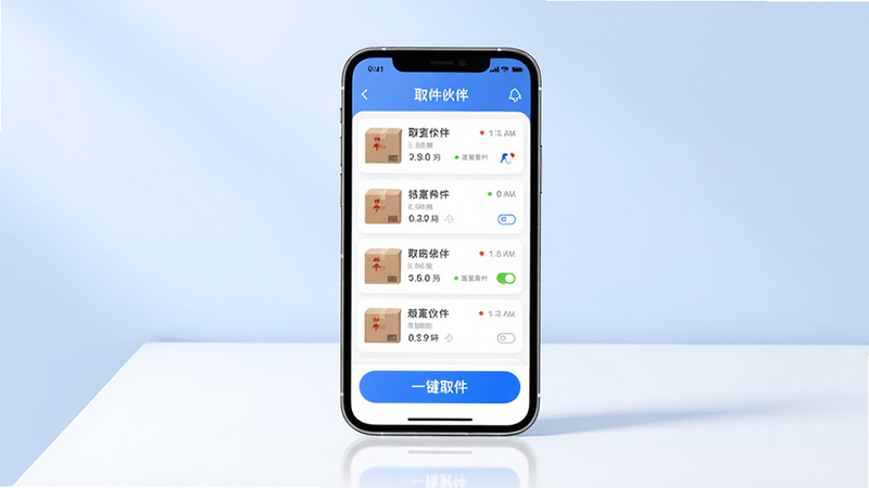 主体为取件伙伴APP的手机界面展示,手机居中放置在干净的白色桌面上,屏幕显示着清晰的包裹列表和醒目的蓝色“一键取件”按钮,背景是柔和的浅蓝色渐变,风格现代简约,细节处有微弱的光影反射,画质4k,干净,无多余元素