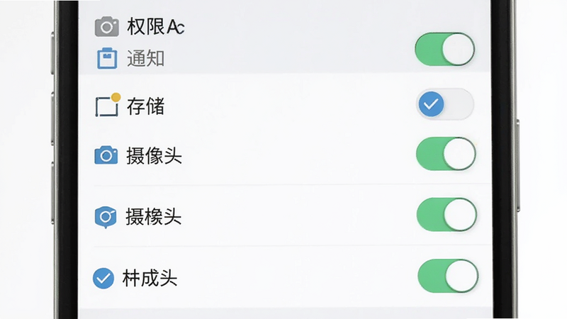 主体为取件伙伴APP的设置界面,屏幕显示权限管理列表,包括通知、存储、摄像头等选项,开关状态清晰可见,背景为浅灰色,风格简洁,细节处有勾选标记,画质清晰,干净,无多余元素