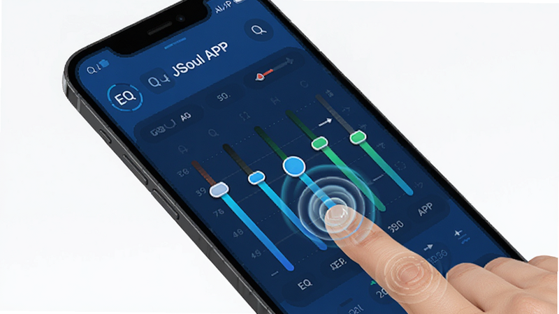 JSoul APP 界面操作示意图,主体为手机屏幕显示 EQ 均衡器调节界面,布局清晰,滑块色彩鲜明,排版扁平化设计,风格科技感蓝色调,细节展示手指滑动调节的动作特效,画质高清,干净,无多余元素