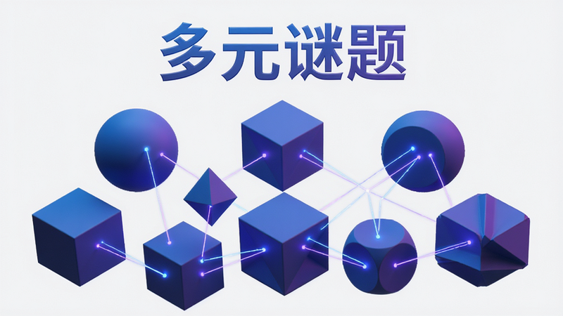 主体为抽象的3D几何图形组合,象征逻辑与空间思维,布局错落有致,色彩采用蓝紫色调科技感,风格极简主义,细节处有发光线条连接各图形,画质精细,干净背景,文字“多元谜题”悬浮于上方