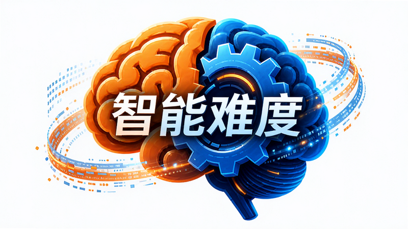 主体为大脑图标与齿轮咬合动画,布局紧凑,颜色采用活力橙与科技蓝对比,风格动态流畅,细节处有数据流环绕大脑,画质高保真,干净背景,文字“智能难度”居中
