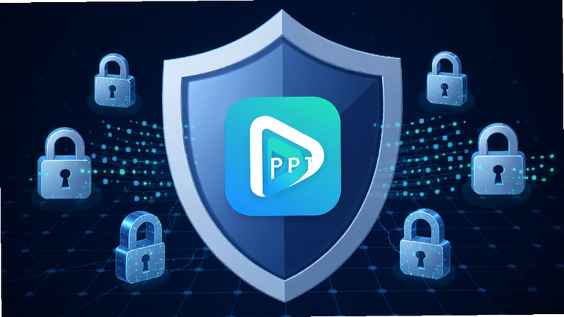盾牌保护图标,中心是爱投屏APP,周围有锁和加密符号环绕,背景为深蓝色科技感网格,布局中心聚焦,排版稳重,风格安全信赖,细节展示数据流被加密包裹,画质专业级,干净无多余元素