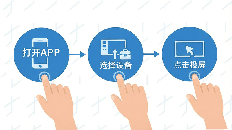 分步操作示意图,三个步骤圆形图标依次排列,分别显示“打开APP”、“选择设备”、“点击投屏”,文字清晰可见,布局线性流程,排版简洁明了,风格扁平化,细节展示手指点击动作,画质高清,干净无多余元素