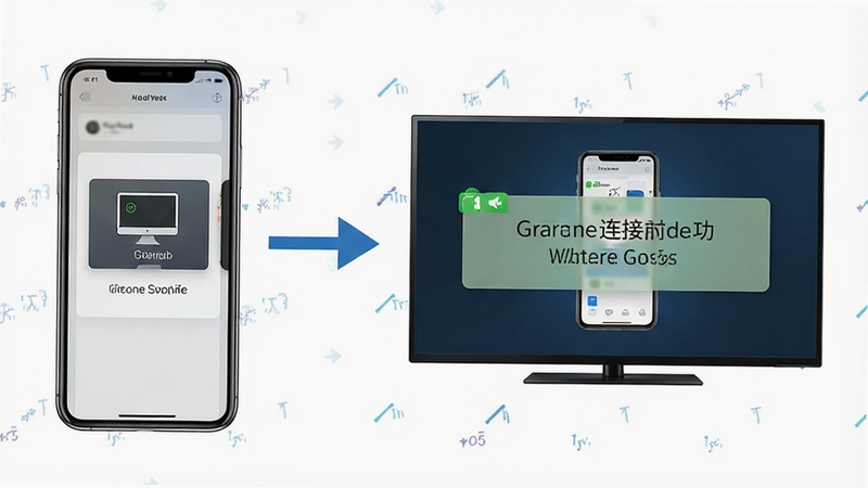 投屏操作流程图,手机屏幕显示选择设备界面,箭头指向电视屏幕,电视显示手机内容,布局从左至右,排版简洁,风格清晰指引,细节展示连接成功提示,画质高清,干净无多余元素