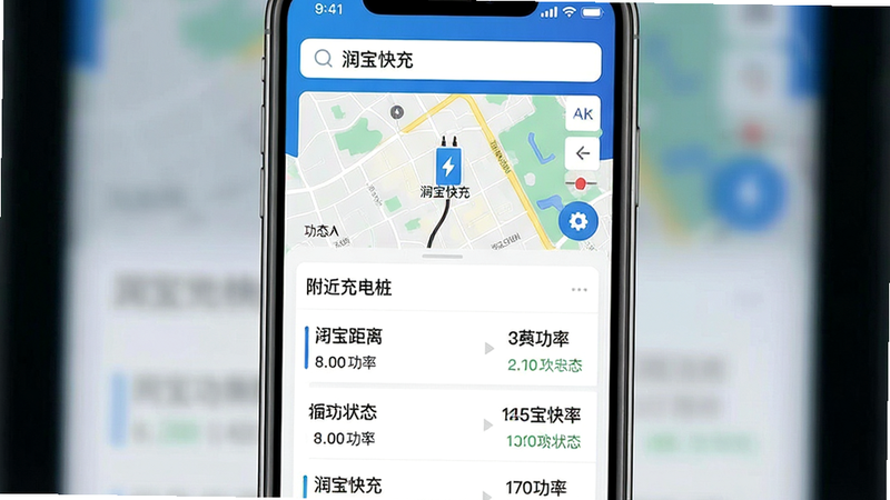 一张高清的手机APP界面截图,主体为“润宝快充”应用首页,布局采用上下结构,上部是带有“润宝快充”字样的搜索栏和地图预览,下部是“附近充电桩”列表,包含距离、功率、状态等信息,风格为现代扁平化UI设计,色彩以科技蓝和白色为主,细节清晰,文字“润宝快充”清晰可见,画质4k,干净无多余元素
