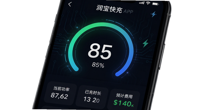 “润宝快充”APP的充电详情页,屏幕中央是一个圆形的电量进度条,显示85%,下方列出“当前功率”、“已充时长”、“预计费用”等数据,布局整齐,字体清晰,风格科技感强,背景为深色模式,细节精致,画质4k,无杂色