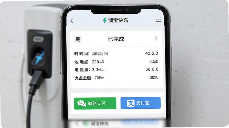 “润宝快充”的支付结算页面,显示一笔已完成的充电订单,包含时间、地点、电量、金额等信息,底部有“微信支付”和“支付宝”按钮,布局简约,风格商务清新,细节完整,文字“润宝快充”在顶部导航栏,画质清晰,无多余元素