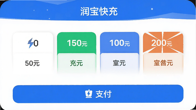 “润宝快充”APP的充值页面,显示多个充值金额选项,如50元、100元、200元等,底部有支付按钮,布局简洁,风格现代,细节清晰,文字“润宝快充”在顶部,画质4k,无多余元素