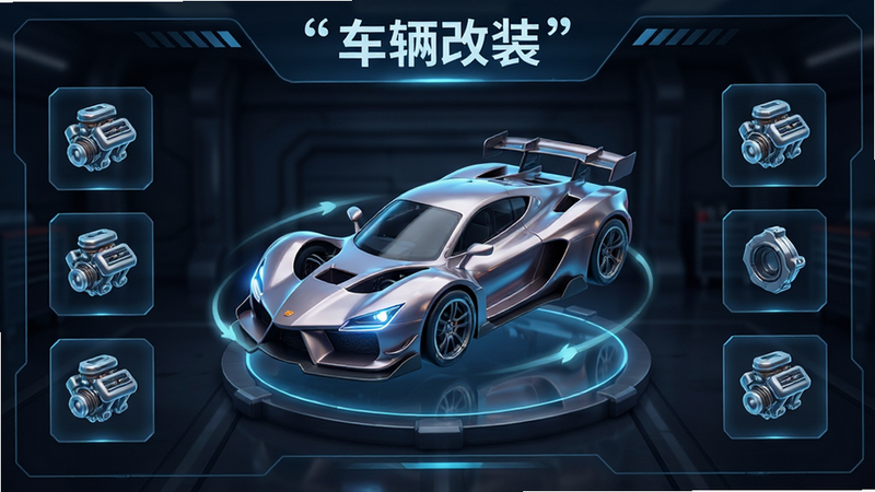 Boogu-Image: 主体为一个充满科技感的虚拟车库界面,中央悬浮着一辆可360度旋转的赛车,周围环绕着各种改装部件图标,布局对称且富有层次感,排版清晰展示改装选项,风格为未来主义UI设计,细节包括发光的引擎部件和高光反射,画质清晰锐利,干净,无多余元素,文字“车辆改装”位于顶部加引号