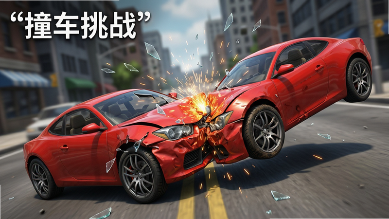 Boogu-Image: 主体为《撞车挑战 :汽车游戏》的高清游戏截图,画面中央是一辆红色跑车正在发生剧烈碰撞,火花四溅,玻璃碎片飞溅,背景是模糊的城市街道,布局紧凑,排版聚焦于碰撞瞬间,风格为写实3D渲染,细节丰富如车身凹陷和轮胎磨损,画质8k高清,干净,无多余元素,文字“撞车挑战”位于左上角加引号