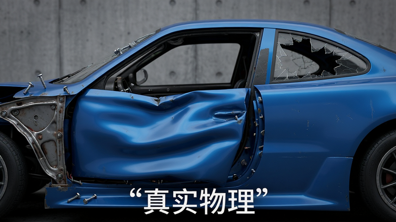 Boogu-Image: 主体为一辆蓝色赛车的侧面特写,展示其严重的物理损坏细节,车门凹陷,车窗破碎,背景是灰色的混凝土墙,布局突出车体结构,排版清晰展示损伤细节,风格为硬核机械写实,细节包括扭曲的金属框架和散落的螺丝,画质极高,干净,无多余元素,文字“真实物理”位于底部加引号