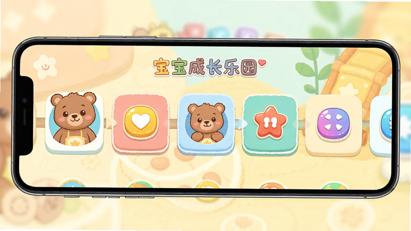 主体为“宝宝成长乐园”APP的界面全景图,布局采用横向滚动式关卡选择界面,排版清晰有序,风格为明亮温馨的卡通扁平风,细节包含可爱的卡通小熊角色、色彩鲜艳的互动按钮、柔和的背景色块,画质高清,干净无多余元素,文字需清晰显示“宝宝成长乐园”字样