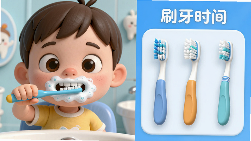 主体为“宝宝成长乐园”中的刷牙场景预览,布局为左右分屏,左侧是卡通儿童正在刷牙的动画,右侧是牙刷工具栏,排版紧凑且逻辑清晰,风格为3D渲染卡通风,细节展现牙刷刷毛的质感、泡沫的细腻效果、儿童专注的表情,画质细腻,干净无多余元素,文字需显示“刷牙时间”