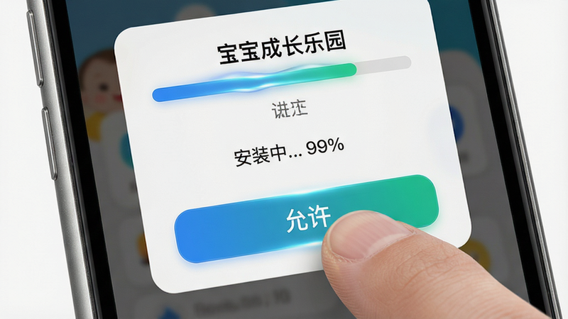 主体为手机屏幕特写,显示“宝宝成长乐园”的安装进度条和设置权限弹窗,布局为垂直居中,排版简洁,风格为写实科技风,细节包含手指点击“允许”按钮的动作、进度条的流光效果、手机边框的金属质感,画质高清,干净无多余元素,文字需显示“安装中... 99%”