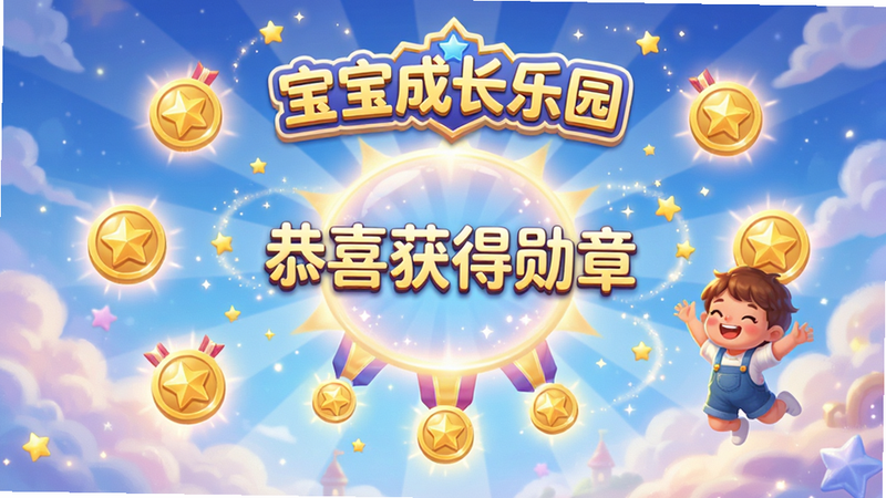 主体为“宝宝成长乐园”的奖励展示界面,布局为中心辐射状,排版具有仪式感,风格为梦幻童话风,细节包含发光的虚拟勋章、飞舞的星星特效、儿童角色开心的跳跃姿态,画质明亮,干净无多余元素,文字需显示“恭喜获得勋章”