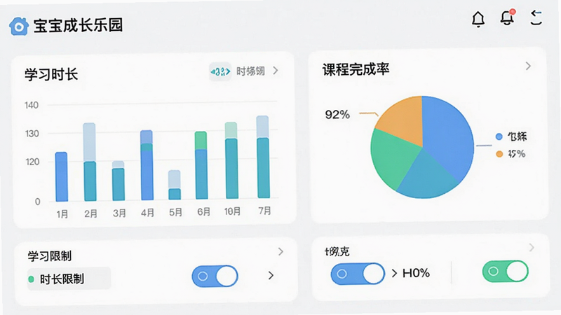 主体为“宝宝成长乐园”的家长后台界面,布局为仪表盘式,排版专业且易读,风格为科技简约风,细节包含柱状图展示学习时长、饼图展示课程完成率、开关按钮控制功能权限,画质清晰,干净无多余元素,文字需显示“学习报告”、“时长限制”