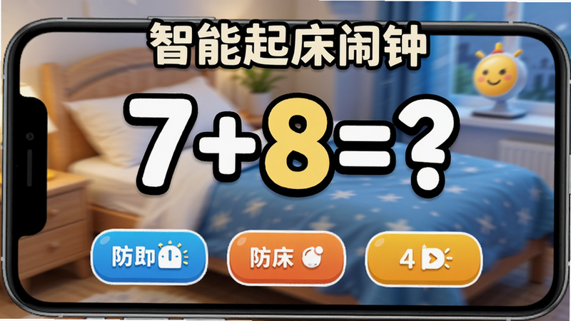'智能起床闹钟'APP的防赖床任务界面,手机屏幕中央显示一个数学题'7+8=?',下方有三个选项按钮,背景带有轻微的动态模糊效果,突出前景的交互元素,文字加大加粗,布局聚焦中心,风格活泼有趣,细节生动,画质清晰,干净利落