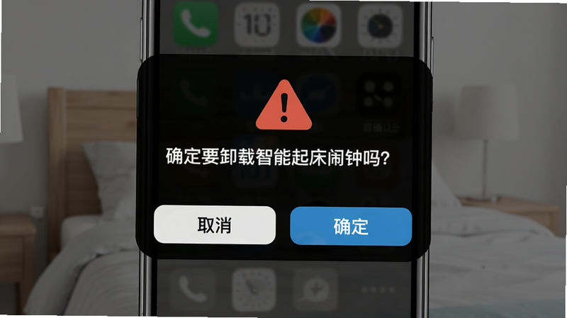'智能起床闹钟'APP的卸载确认对话框,手机屏幕中央显示一个警告图标,文字为'确定要卸载智能起床闹钟吗?',下方有'取消'和'确定'两个按钮,背景为半透明黑色遮罩,文字醒目,布局居中,风格简洁明了,细节清晰,画质高清,无多余干扰元素