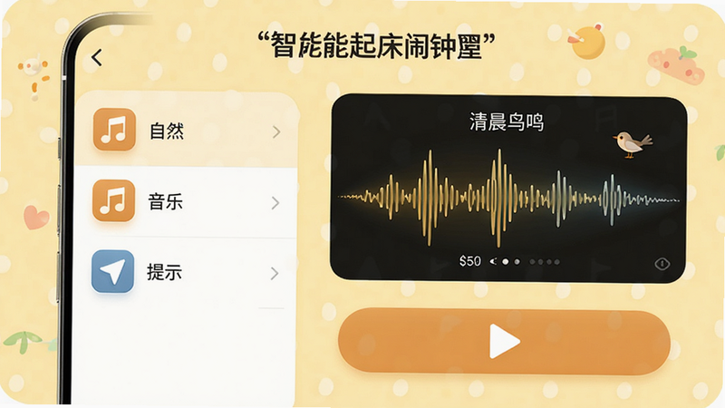 '智能起床闹钟'APP的铃声选择界面,手机屏幕左侧为列表式铃声分类(自然、音乐、提示),右侧为当前选中的'清晨鸟鸣'波形动画,底部有一个大的播放按钮,背景为淡黄色温馨色调,文字清晰,布局左右分栏,风格温馨治愈,细节丰富,画质高清,无杂乱元素