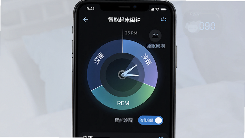 展示'智能起床闹钟'APP的智能设置页面,手机屏幕中央显示一个圆形的睡眠周期图表,分为深睡、浅睡、REM三个阶段,当前指针指向浅睡区,旁边有'智能唤醒'开关按钮,背景为深色模式,文字高亮显示,布局中心对称,风格科技感强,细节清晰,画质极佳,干净简洁