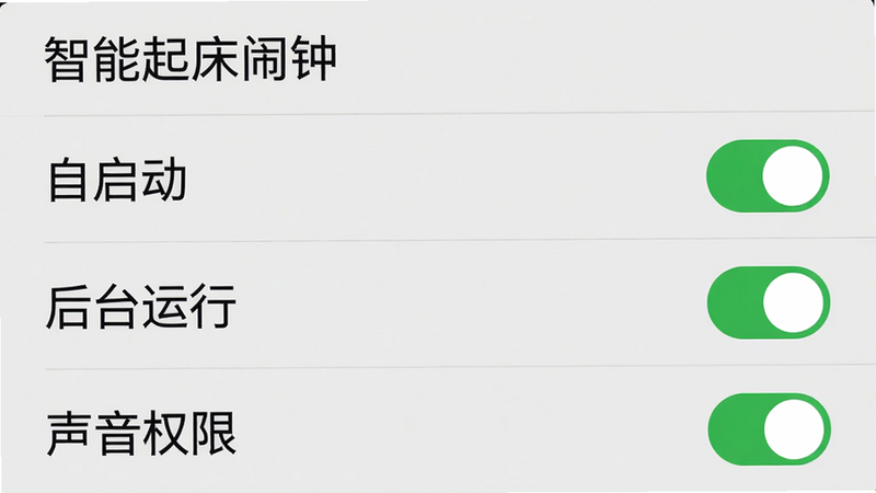 手机设置界面截图风格,显示'智能起床闹钟'APP的权限设置列表,其中'自启动'、'后台运行'、'声音权限'均显示为绿色开启状态,背景为浅灰色,文字清晰,布局标准列表式,风格官方严谨,细节准确,画质高清,干净无杂质