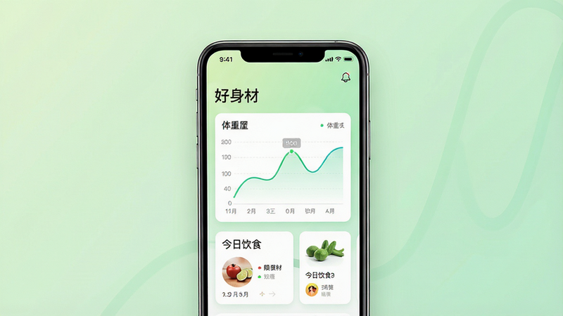 一张现代简约风格的APP界面展示图,主体为手机屏幕,屏幕中央显示“好身材”应用的主界面,背景为柔和的浅绿色渐变,布局整洁,包含体重曲线图和今日饮食建议卡片,排版清晰,细节精致,画质高清,干净无多余元素