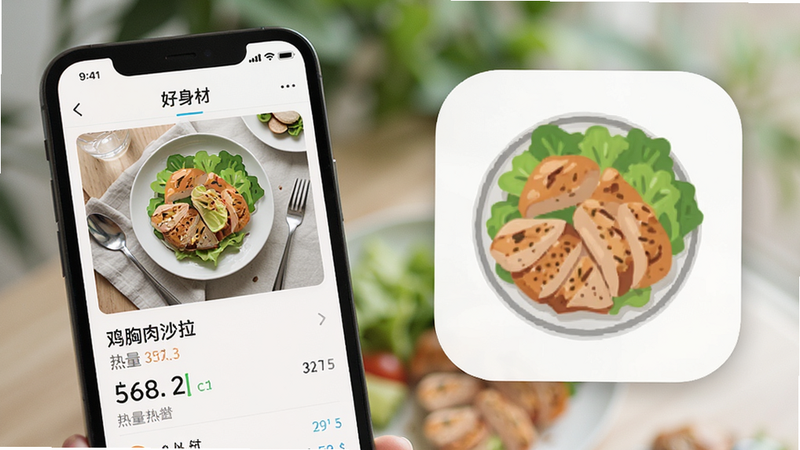 展示“好身材”APP食物记录功能的特写图,画面左侧为手机屏幕显示着刚录入的“鸡胸肉沙拉”及其热量数据,右侧为放大的食物图标,背景虚化处理,风格清新自然,细节丰富,画质清晰,无多余元素