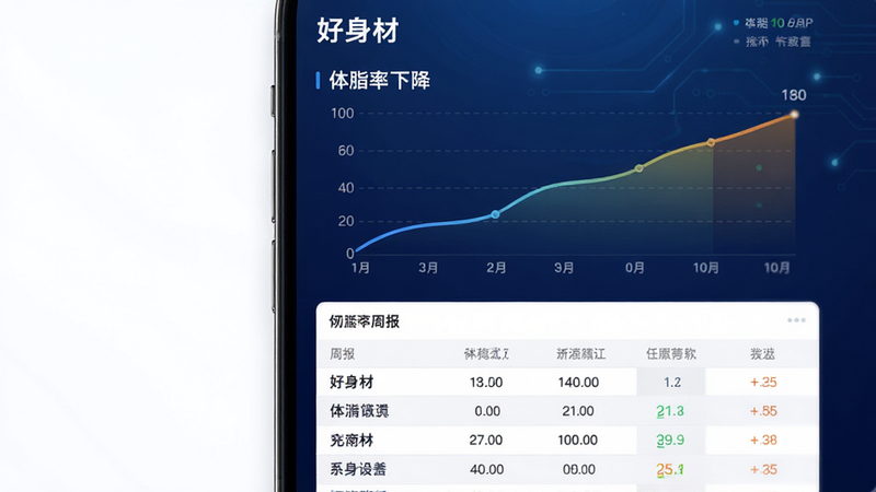 “好身材”APP的数据统计页面,屏幕中央展示着一条平滑上升的体脂率下降曲线图,下方是详细的周报表格,背景为深蓝色科技感渐变,排版严谨,字体清晰,细节精致,画质高保真,无杂乱元素