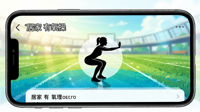 “好身材”APP运动模块界面截图,屏幕显示着“居家有氧操”课程列表,中间有一个正在做深蹲的人物剪影图标,背景为明亮的运动场图案,布局规整,色彩活力,风格现代,画质高清,干净简洁