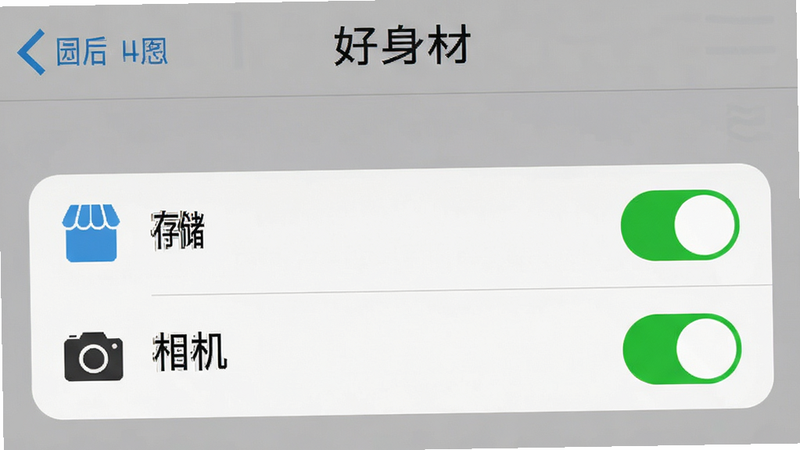 手机设置界面的模拟图,显示“好身材”APP的权限管理页面,高亮显示“存储”和“相机”权限已开启的状态,背景为系统默认灰色,布局清晰,细节逼真,画质清晰,无多余元素